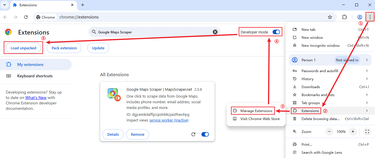 Load unpacked extension from chrome://extensions page